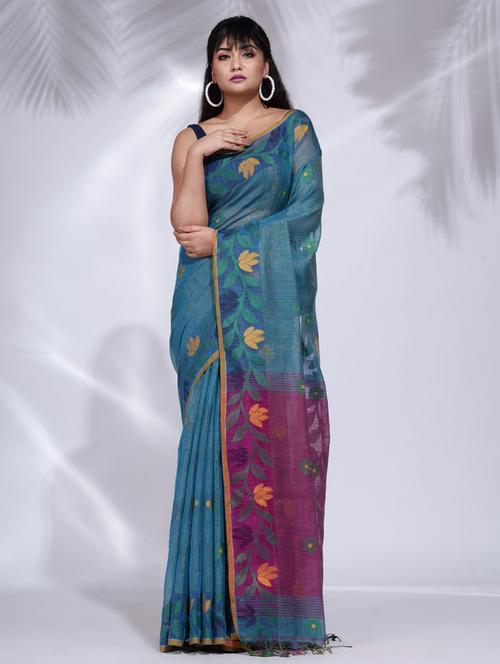 women's floral teal colored saree - 19992515 - Very Small Image - 1
