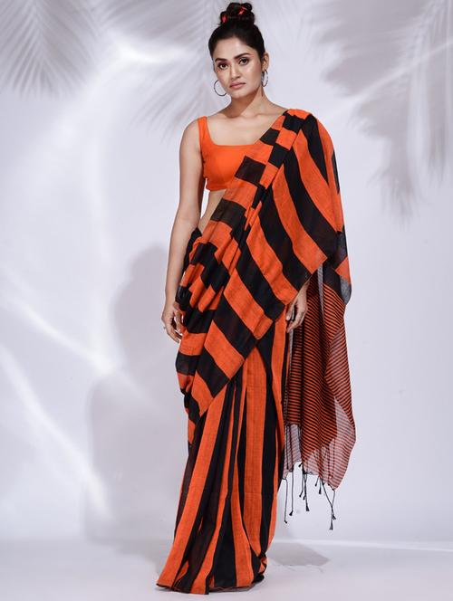 orange stripes woven saree with blouse - 19992532 - Very Small Image - 1
