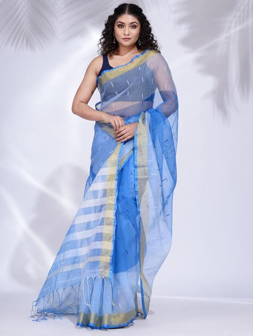 blue self design woven saree with blouse - 19992544 - Very Small Image - 1
