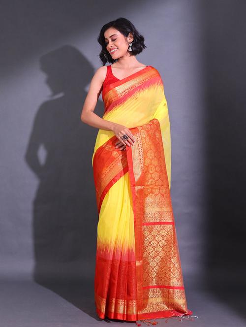 yellow self design woven saree with blouse - 19992592 - Very Small Image - 1