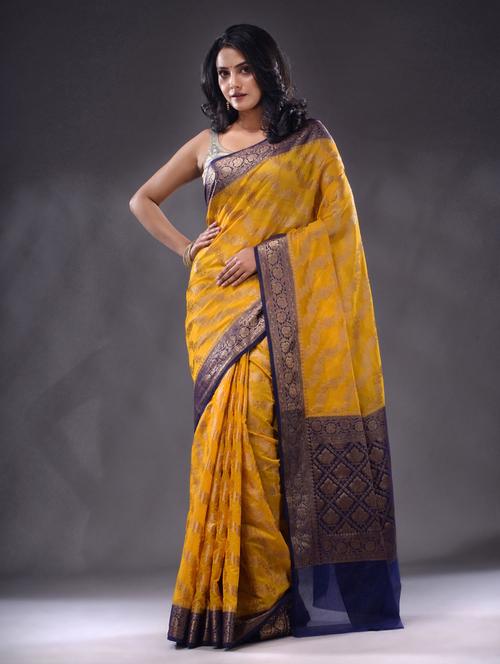 yellow self design woven saree with blouse - 19992865 - Very Small Image - 1
