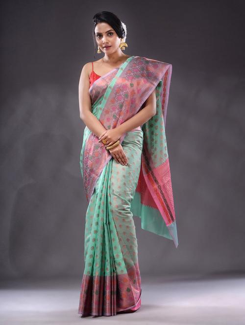green cotton blend banarasi saree - 19992935 - Very Small Image - 1