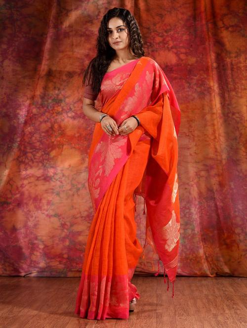 orange linen saree with blouse - 19992992 - Very Small Image - 1