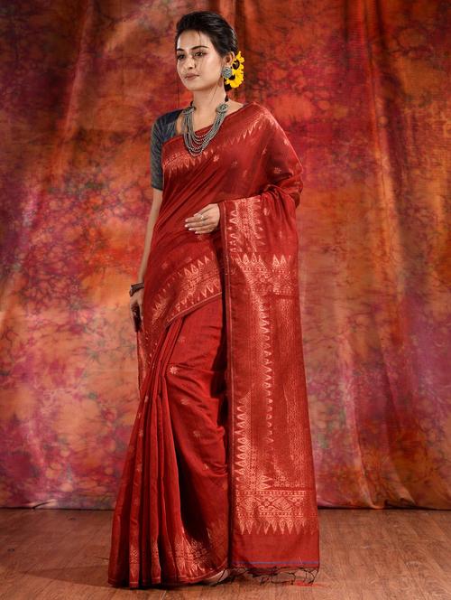red cotton blend saree with blouse - 19993019 - Very Small Image - 1