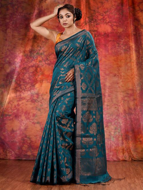 green cotton blend saree with blouse - 19993044 - Very Small Image - 1