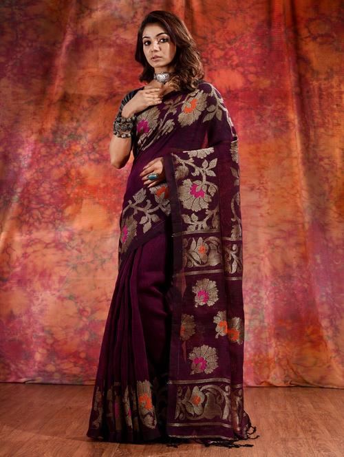 red linen saree with blouse - 19993124 - Very Small Image - 1