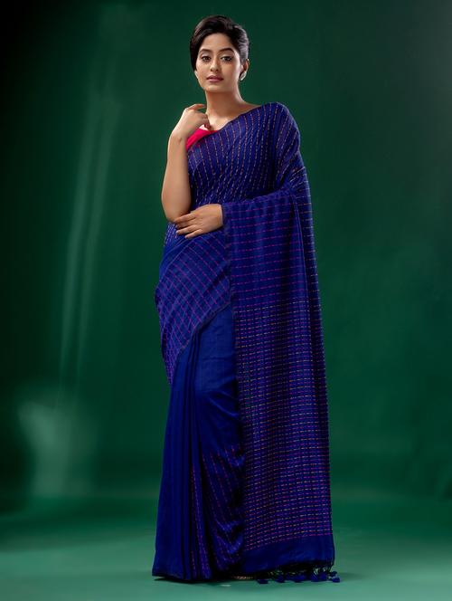 blue cotton saree with blouse - 19993290 - Very Small Image - 1