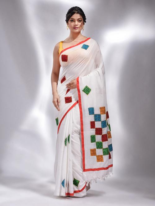 white cotton saree with blouse - 19993329 - Very Small Image - 1