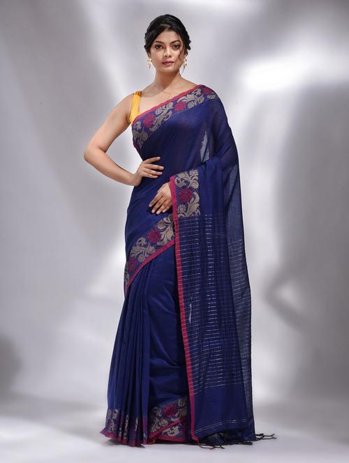 blue cotton saree with blouse - 19993340 - Very Small Image - 1