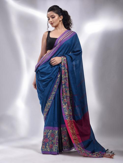 women's self design blue colored saree with blouse - 19993386 - Very Small Image - 1