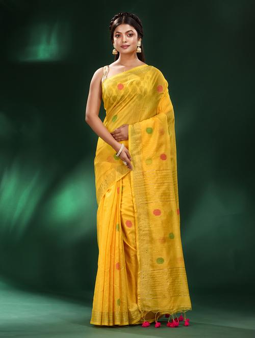 yellow cotton blend saree with blouse - 19993501 - Very Small Image - 1