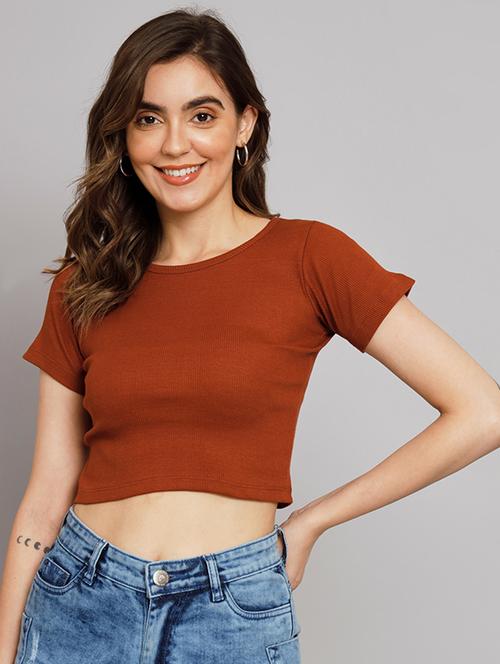 brown round neck solid crop top - 19995394 - Very Small Image - 1