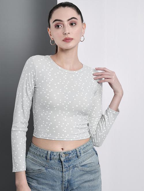 grey printed long sleeves crop top - 19995403 - Very Small Image - 1