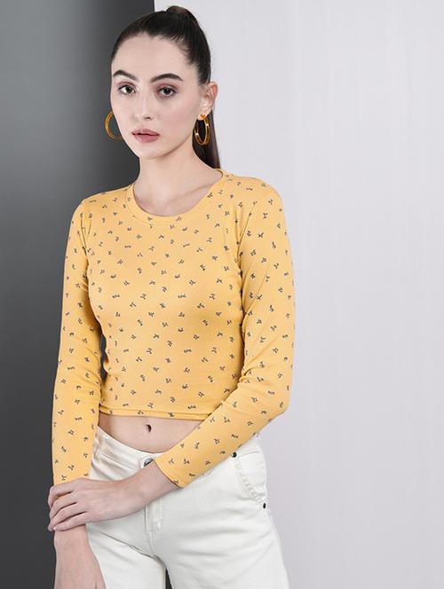 yellow printed long sleeves crop top - 19995409 - Very Small Image - 1