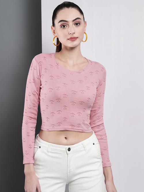 pink printed long sleeves crop top - 19995411 - Very Small Image - 1