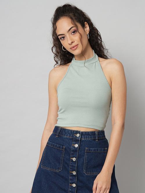 blue solid halter neck crop top - 19995417 - Very Small Image - 1