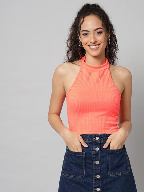 orange solid halter neck crop top - 19995420 - Very Small Image - 1