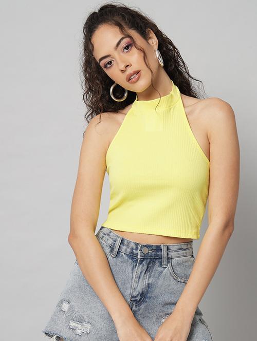yellow solid halter neck crop top - 19995427 - Very Small Image - 1
