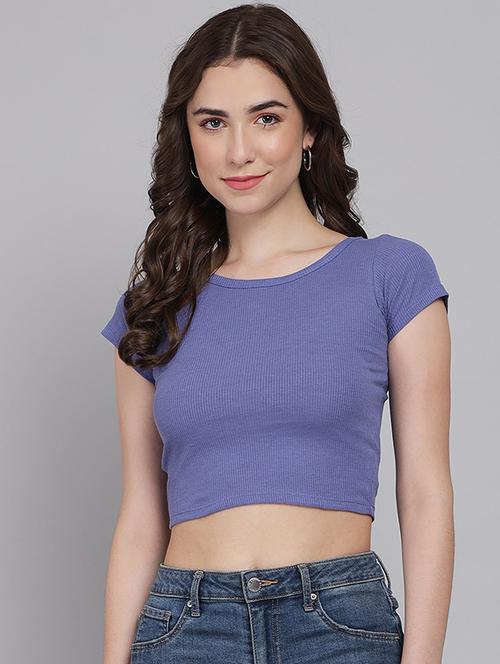 purple round neck solid crop top - 19995442 - Very Small Image - 1
