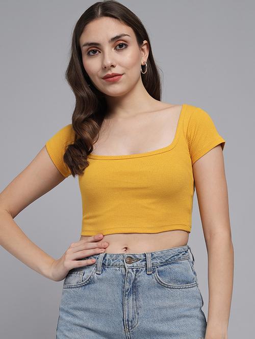 yellow square neck solid crop top - 19995449 - Very Small Image - 1