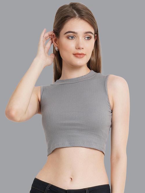 grey mock neck solid sleeveless crop top - 19995519 - Very Small Image - 1