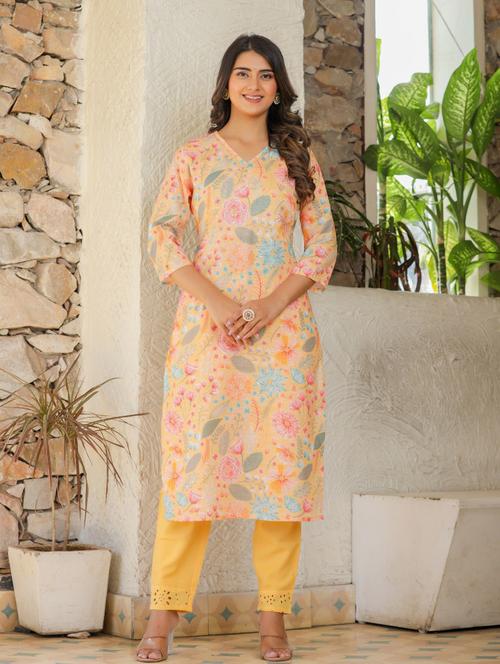 orange printed three quarter sleeve kurta pant set - 19995607 - Very Small Image - 1