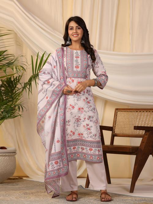 lavender printed three quarter sleeve suit set set - 19995625 - Very Small Image - 1