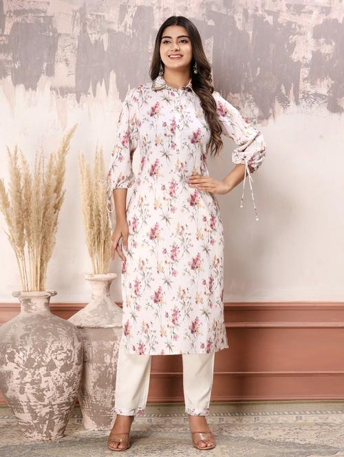 off-white printed three quarter sleeve kurta pant set - 19995652 - Very Small Image - 1