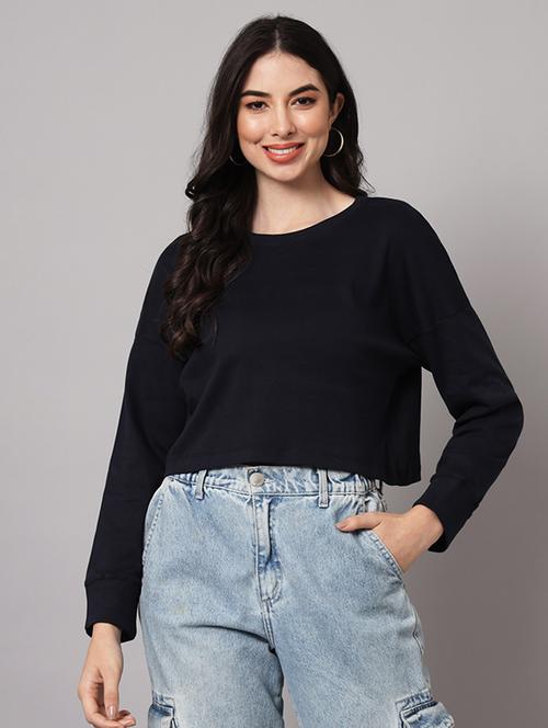 navy blue solid long sleeves crop t-shirt - 19996454 - Very Small Image - 1