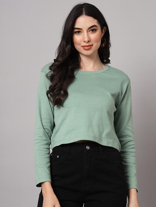 green solid long sleeves crop t-shirt - 19996469 - Very Small Image - 1