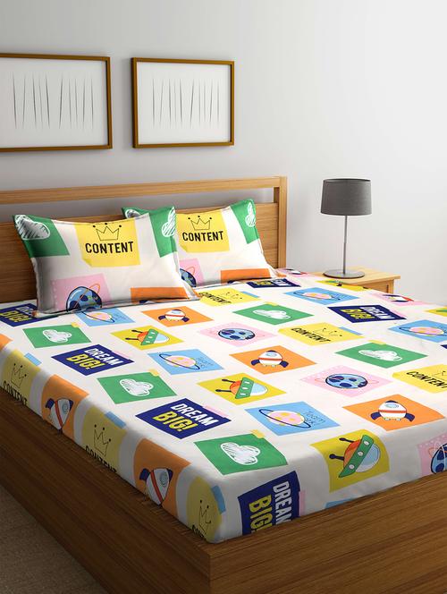 fabinaliv multicolor cartoon print 300 tc cotton blend king size double bedsheet with 2 pillow covers - 19996921 - Very Small Image - 1