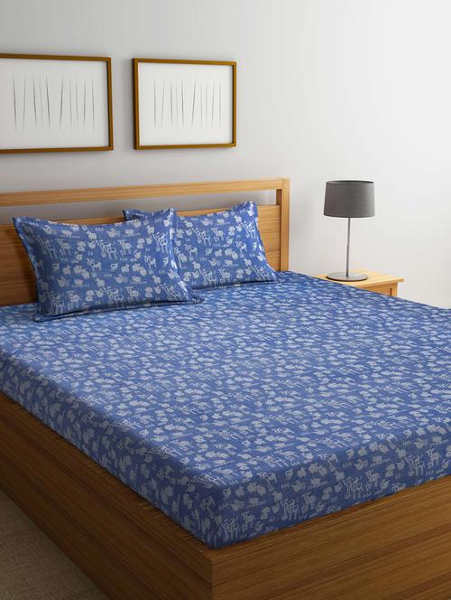 fabinaliv blue cartoon design 100% cotton handwoven king size double bedsheet with 2 pillow covers - 19996930 - Very Small Image - 1