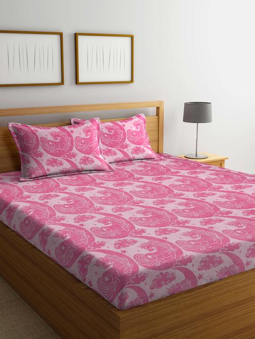 fabinaliv pink cartoon design 100% cotton handwoven king size double bedsheet with 2 pillow covers - 19996933 - Very Small Image - 1