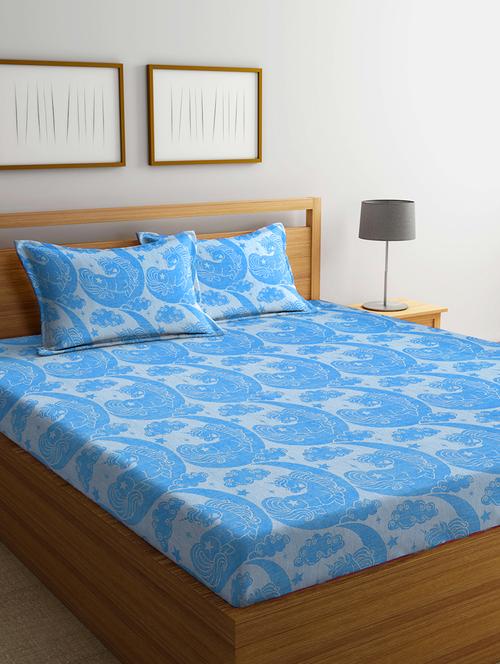 fabinaliv blue cartoon design 100% cotton handwoven king size double bedsheet with 2 pillow covers - 19996934 - Very Small Image - 1