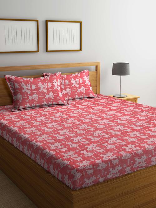 fabinaliv red cartoon design 100% cotton handwoven king size double bedsheet with 2 pillow covers - 19996936 - Very Small Image - 1