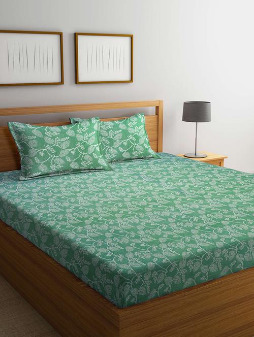 fabinaliv green floral 100% cotton handwoven king size double bedsheet with 2 pillow covers - 19996942 - Very Small Image - 1
