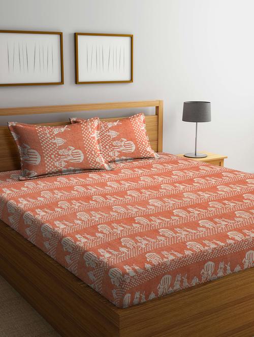 fabinaliv orange cartoon design 100% cotton handwoven king size double bedsheet with 2 pillow covers - 19996943 - Very Small Image - 1