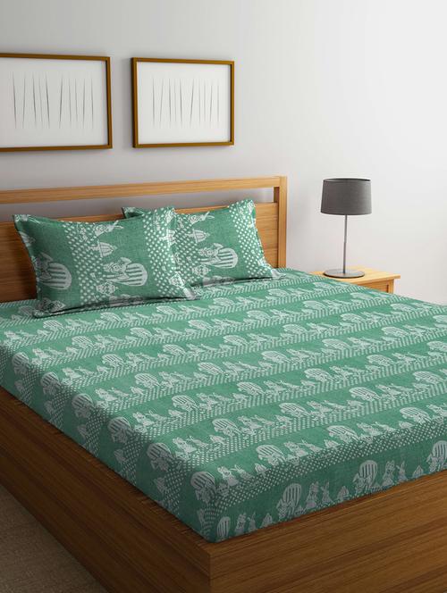 fabinaliv green cartoon design 100% cotton handwoven king size double bedsheet with 2 pillow covers - 19996944 - Very Small Image - 1