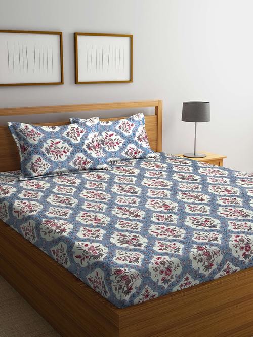 fabinaliv multicolor floral cotton king size quilted double bedsheet with 2 pillow covers - 19996962 - Very Small Image - 1