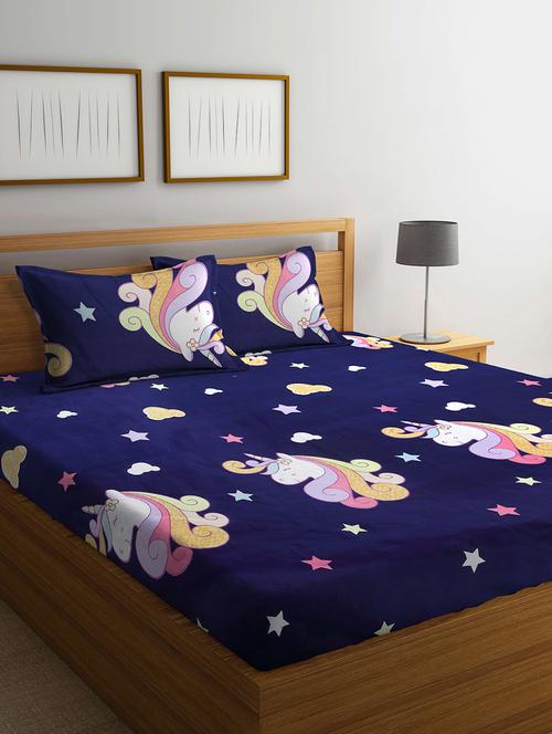 fabinaliv multicolor cartoon print 300 tc cotton blend king size fitted double bedsheet with 2 pillow covers - 19996977 - Very Small Image - 1