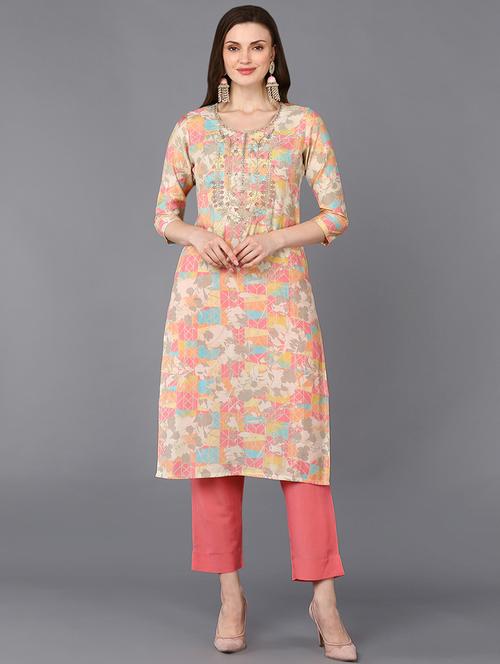 round neck printed straight kurta - 19997273 - Very Small Image - 1