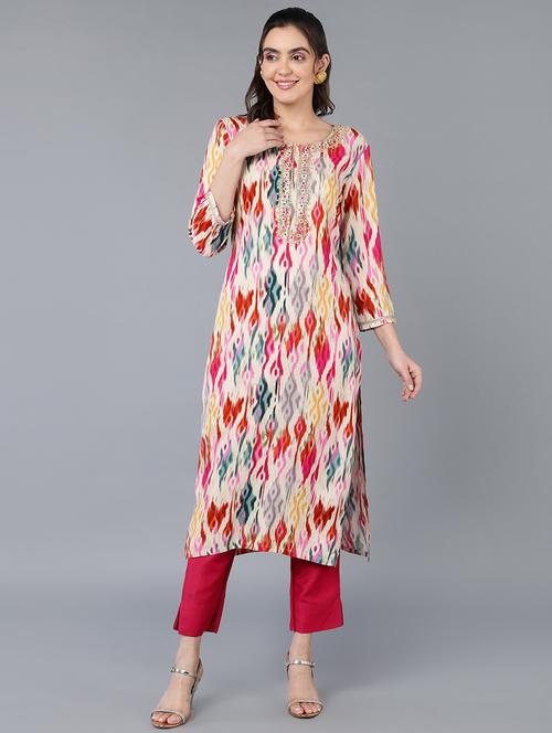 round neck ikat print straight kurta - 19997302 - Very Small Image - 1
