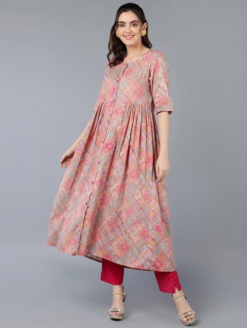 round neck printed a line kurta - 19997316 - Very Small Image - 1