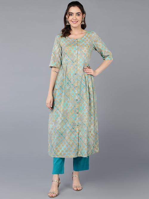 round neck printed a line kurta - 19997318 - Very Small Image - 1