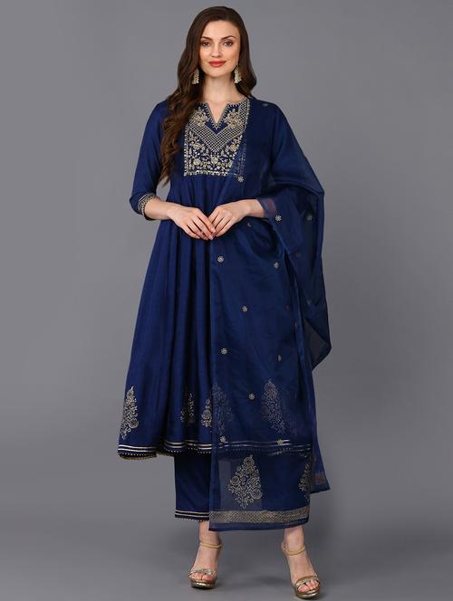 navy blue solid kurta pant set with dupatta - 19997344 - Very Small Image - 1