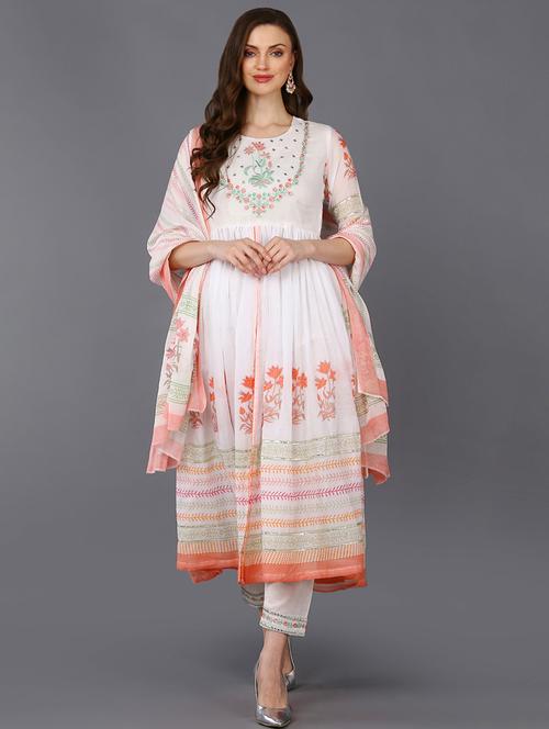 white pinted kurta pant set with dupatta - 19997351 - Very Small Image - 1