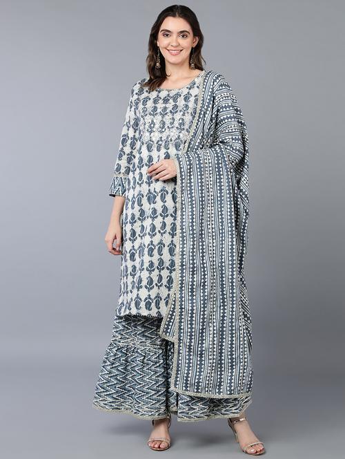 off-white printed kurta sharara set with dupatta - 19997360 - Very Small Image - 1