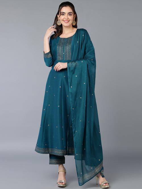teal self design kurta pant set with dupatta - 19997368 - Very Small Image - 1