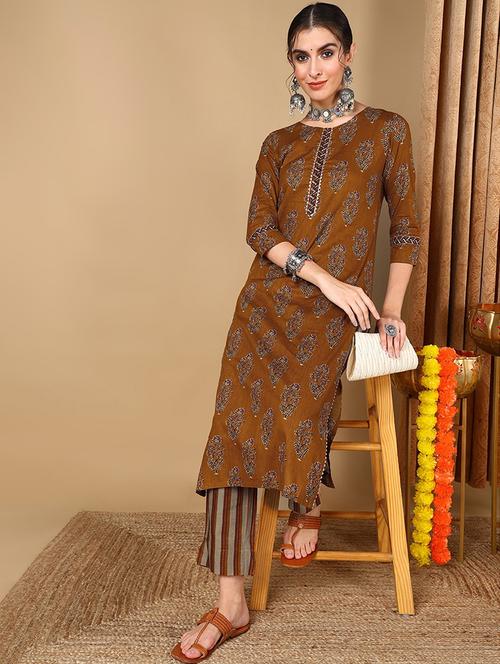 mustard printed kurta pant set - 19997389 - Very Small Image - 1