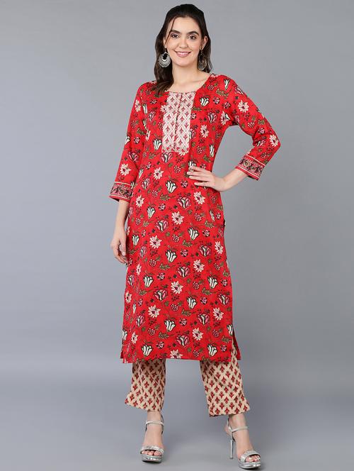 red printed kurta pant set - 19997392 - Very Small Image - 1